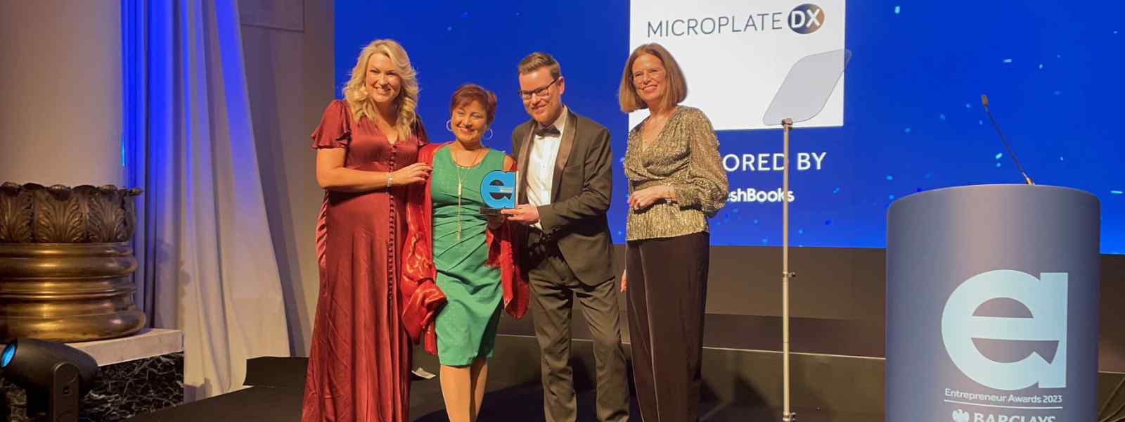 Sara Davies MBE, Dr Poonam Malik & Dr Stuart Hannah of Microplate with Katherine Morgan from Barclays UK Sara Davies MBE, Dr Poonam Malik & Dr Stuart Hannah of Microplate with Katherine Morgan from Barclays UK