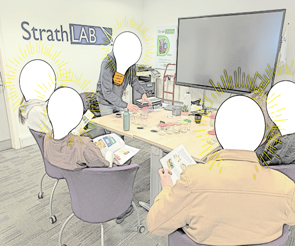 Group of people sitting round a table with light bulbs in place of their heads