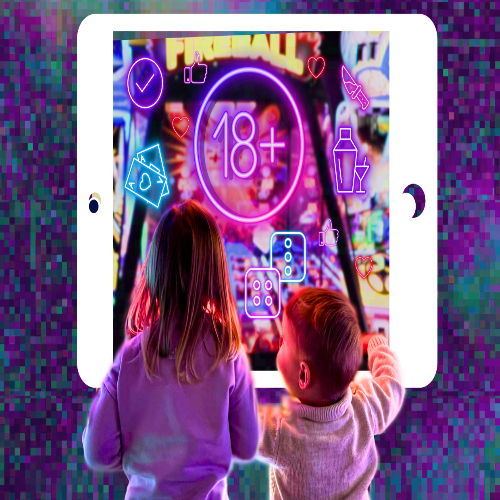 Image of two small toddlers in front of an ipad displaying colourful images that depict gambling Image of two small toddlers in front of an ipad displaying colourful images that depict gambling