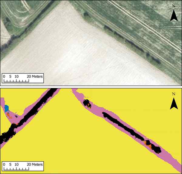 A satellite image of the corner of a field A satellite image of the corner of a field